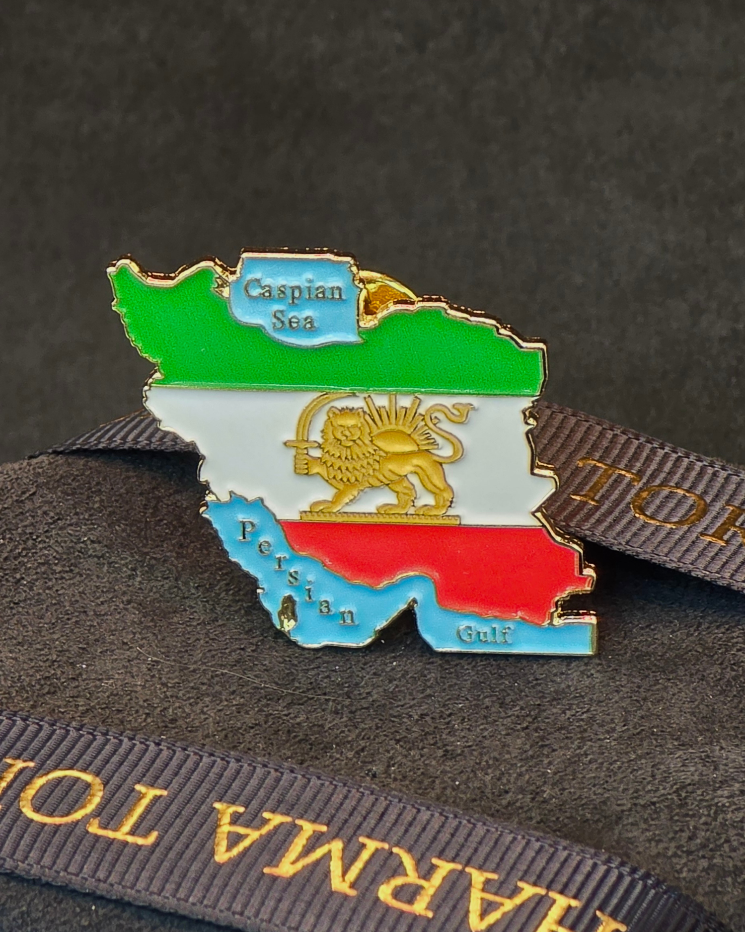 Lion & Sun Shir o Khorshid Iran Map Pin Brooch – Raised Gold Persian Heritage Emblem